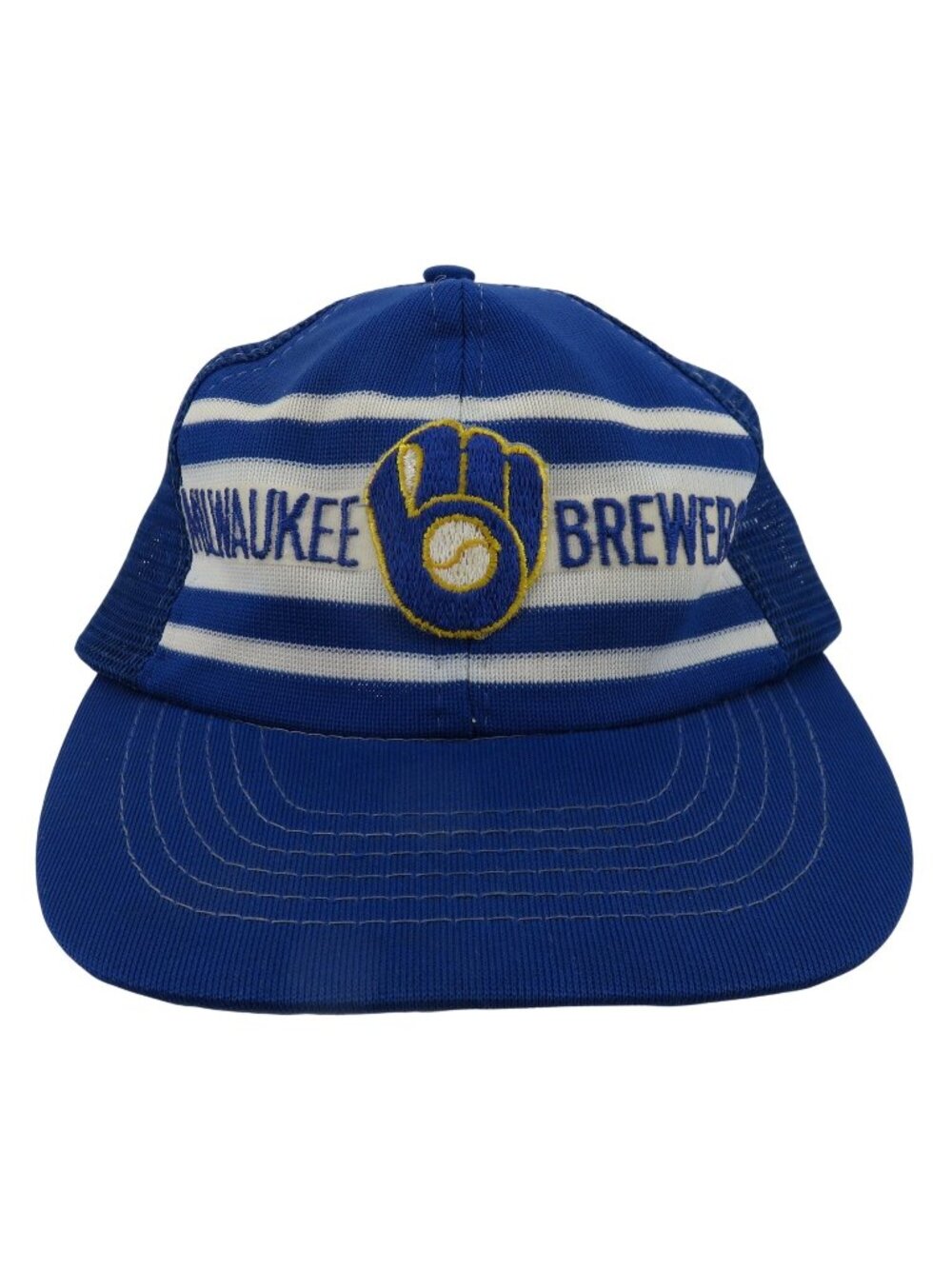 VTG Milwaukee Brewers Universal MLB Blue White Stripe Mesh Snapback Hat 1980s